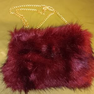 Red and Gold Crossbody Bag with Luxurious Fur